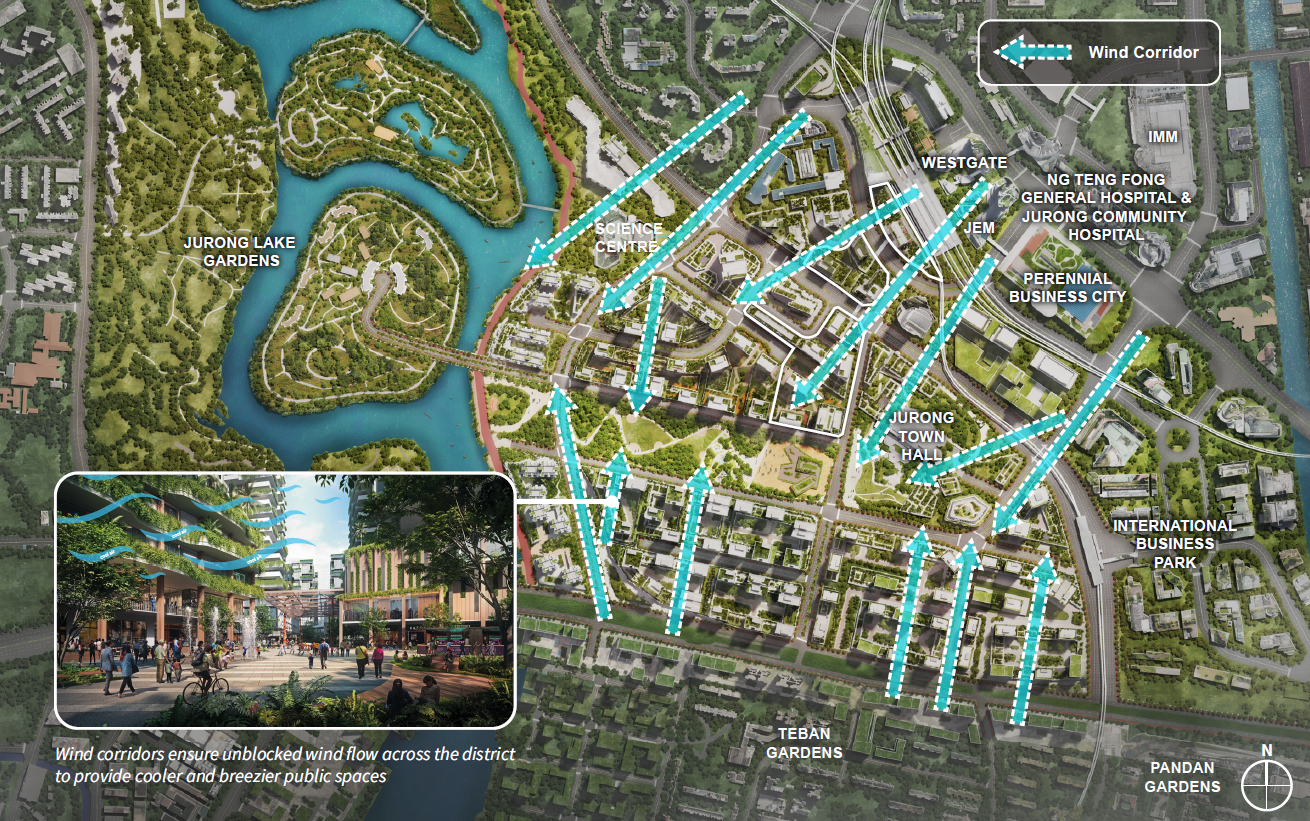Aerial plan of Jurong Lake Gardens with arrows indicating wind corridors for cooler public spaces.